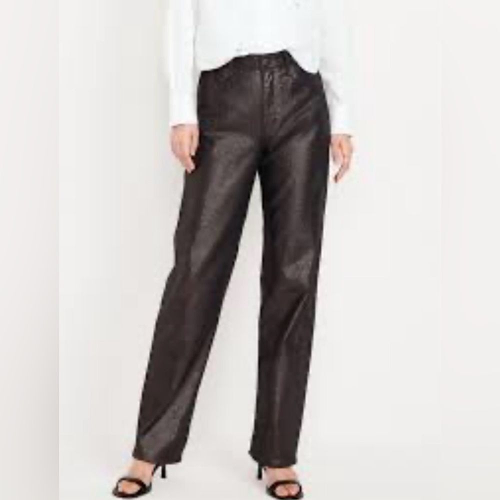 Old Navy Metallic Sparkly High-Waisted Shine OG Loose Straight Leg Jeans Black 8